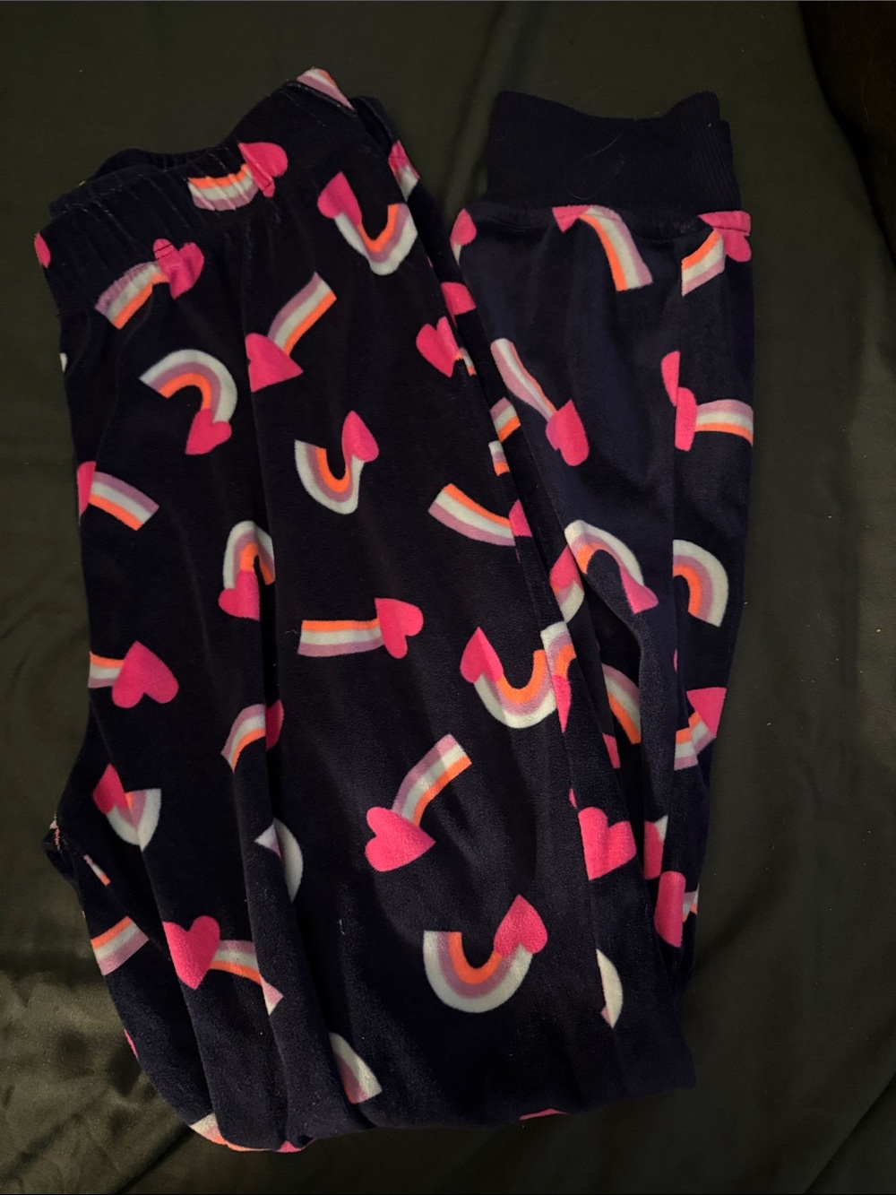 Blue Pajama Pants with Pink Hearts and Rainbow Accents